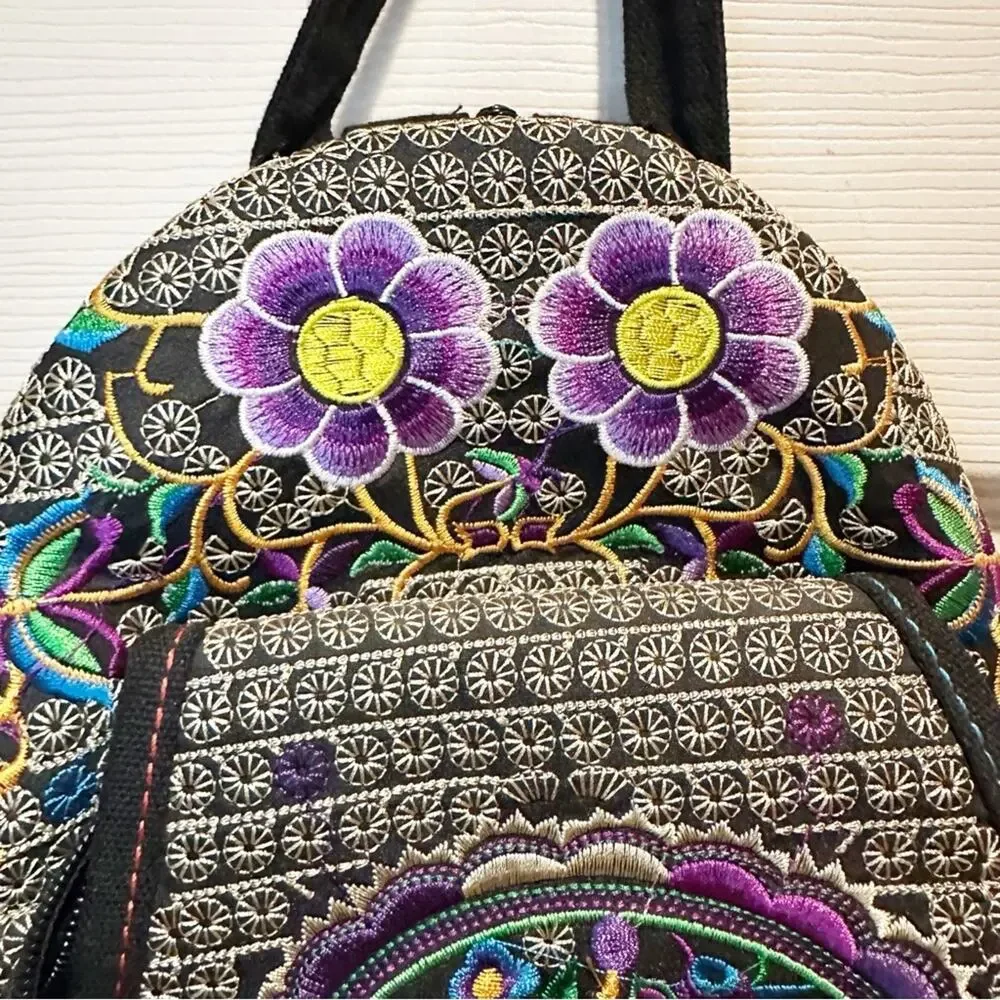 Floral Embroided Backpack Boho Bohemian Black Purple Mexican